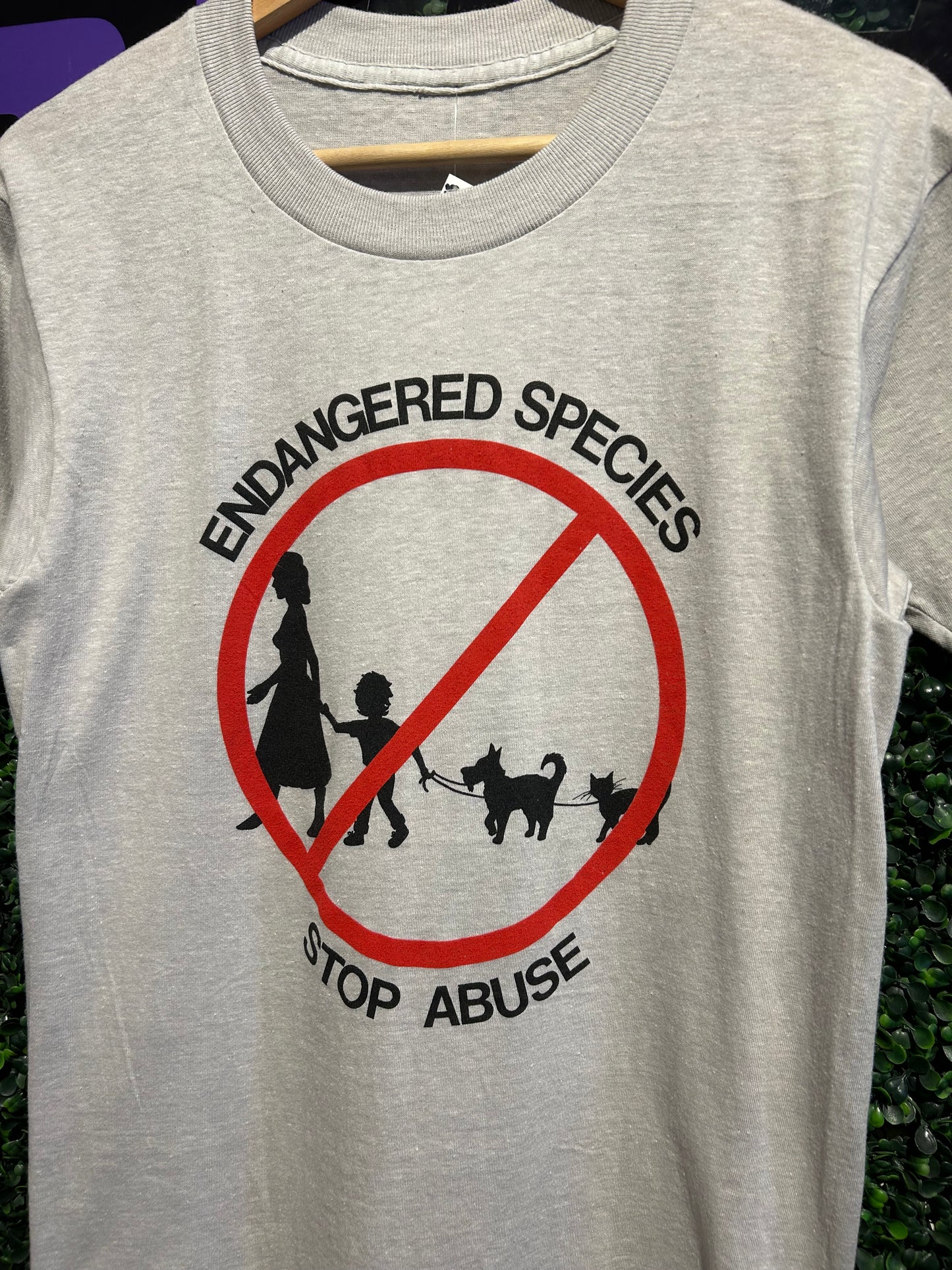 80s Endangered Species Stop Abuse T-Shirt. Size S/M