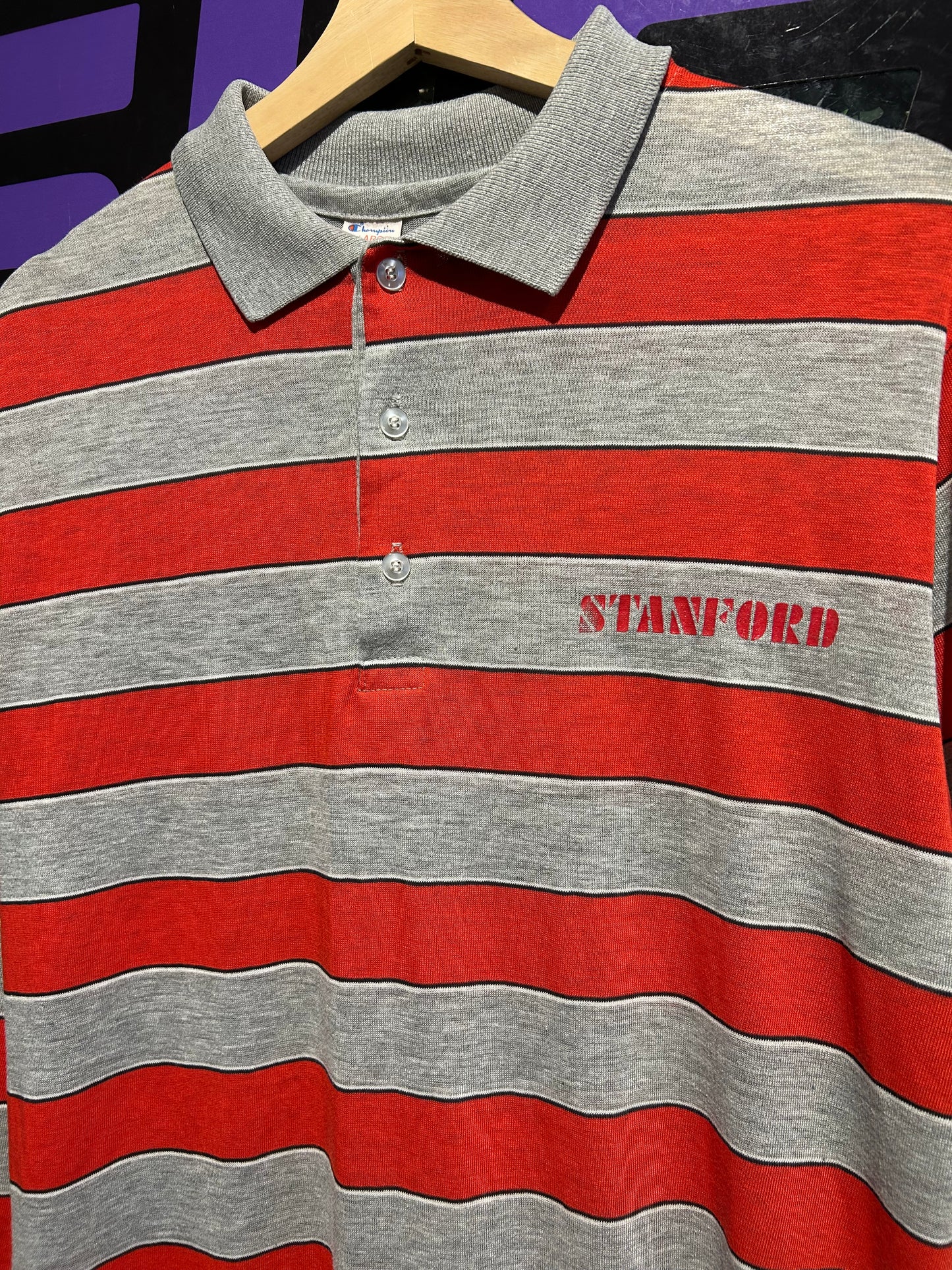 80s Stanford Champion Striped LS Polo Shirt. Size Large