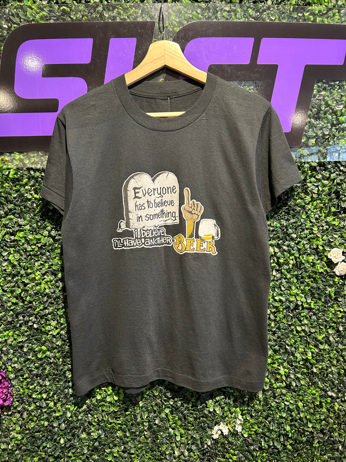 80s Everyone Has To Believe In Something, I Believe I’ll Have Another Beer T-Shirt. Size Medium