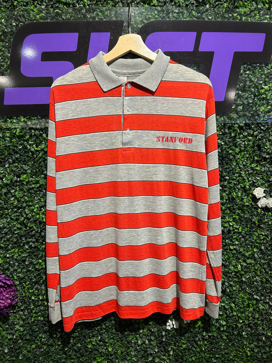 80s Stanford Champion Striped LS Polo Shirt. Size Large