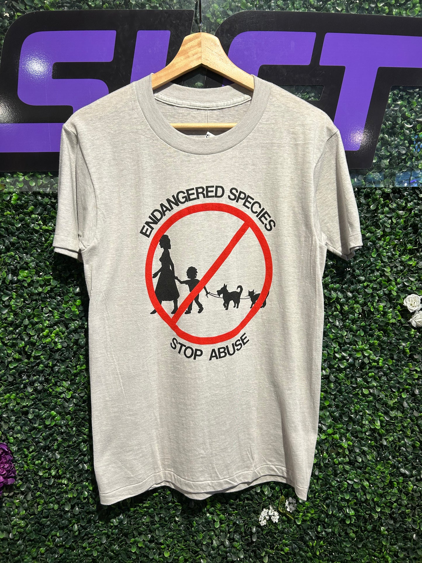 80s Endangered Species Stop Abuse T-Shirt. Size S/M