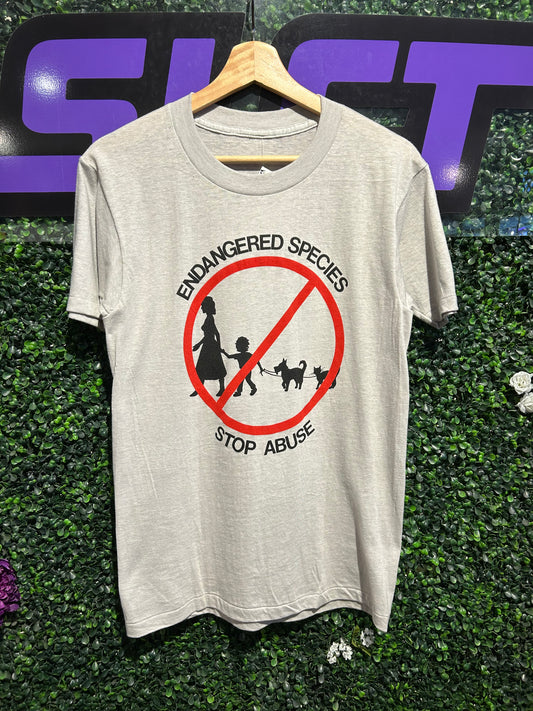 80s Endangered Species Stop Abuse T-Shirt. Size S/M