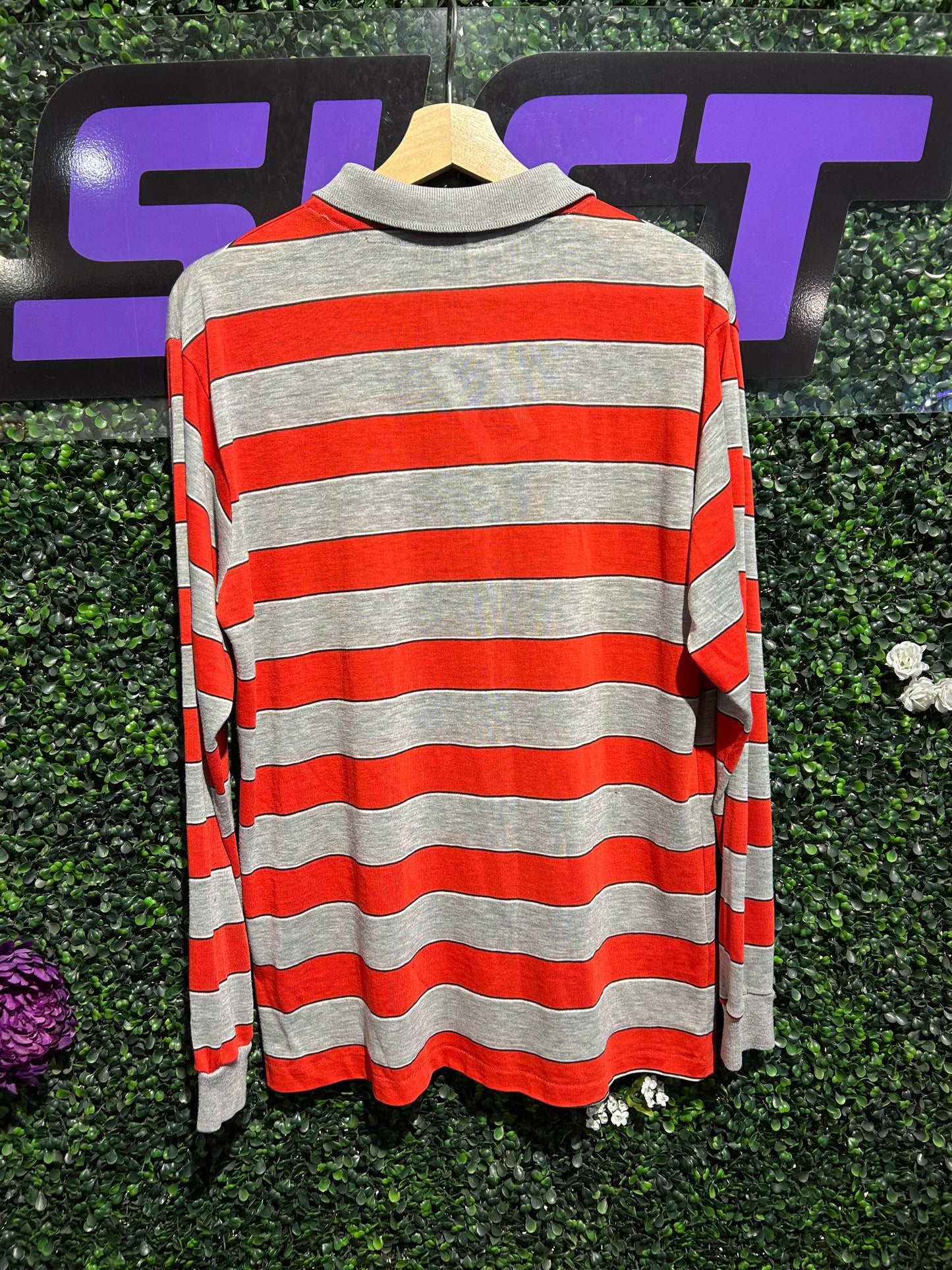 80s Stanford Champion Striped LS Polo Shirt. Size Large